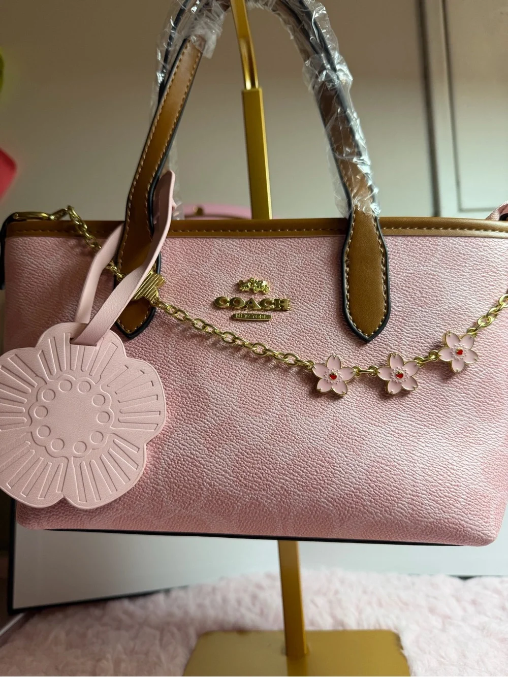Coach Pink Floral Charm Mini Tote with Gold Accents